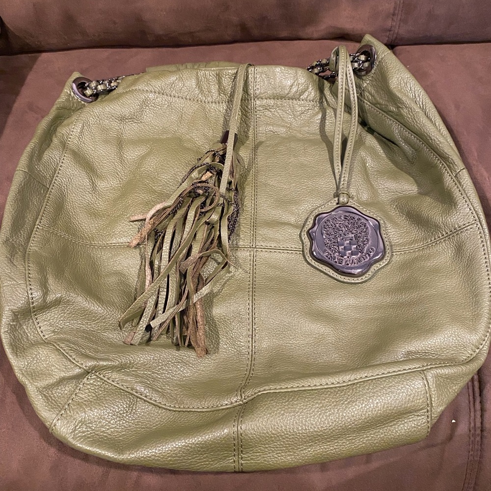 Vince Camuto Olive Green Leather Fringe Tote Bag